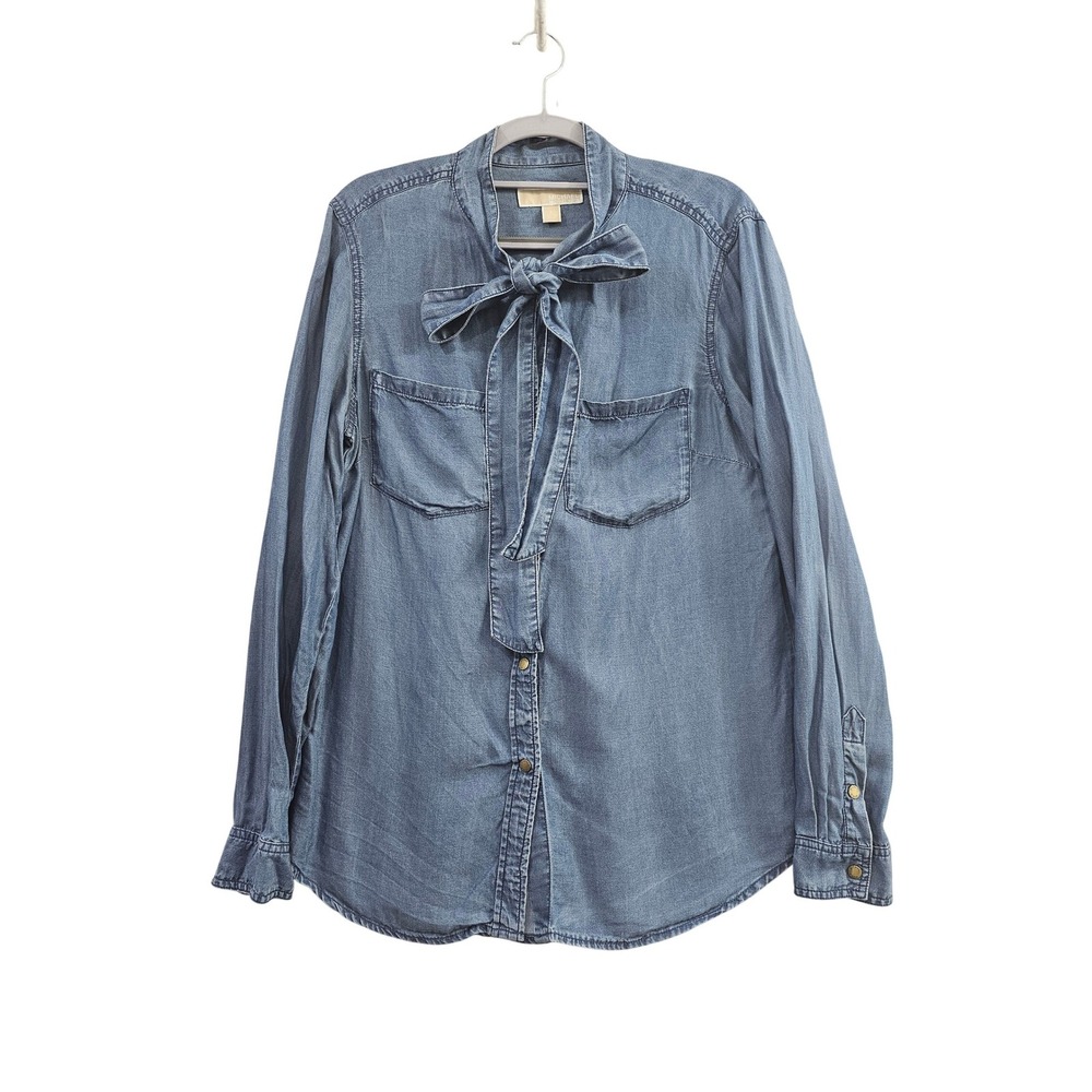 Michael Kors Tie Neck Blouse Women Large Blue Lyocell Denim Chambray Button Down
